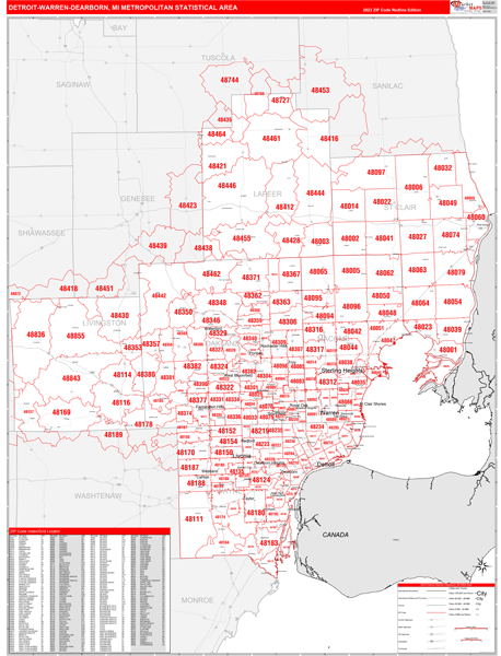 Detroit-Warren-Dearborn Metro Area Digital Map Red Line Style